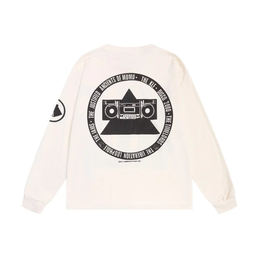 European and American Saint Michael klf exhibition limited printing high street retro long-sleeved T-shirt for men and women loose white cotton bottoming shirt Fabric: 260g Style number: SM658 Size: S-M-L-XL Color: White Price: P144